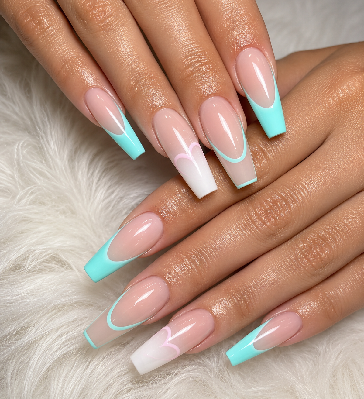 Pastel light blue and pink double French tip gel nails design at Golden Lotus Nails DC